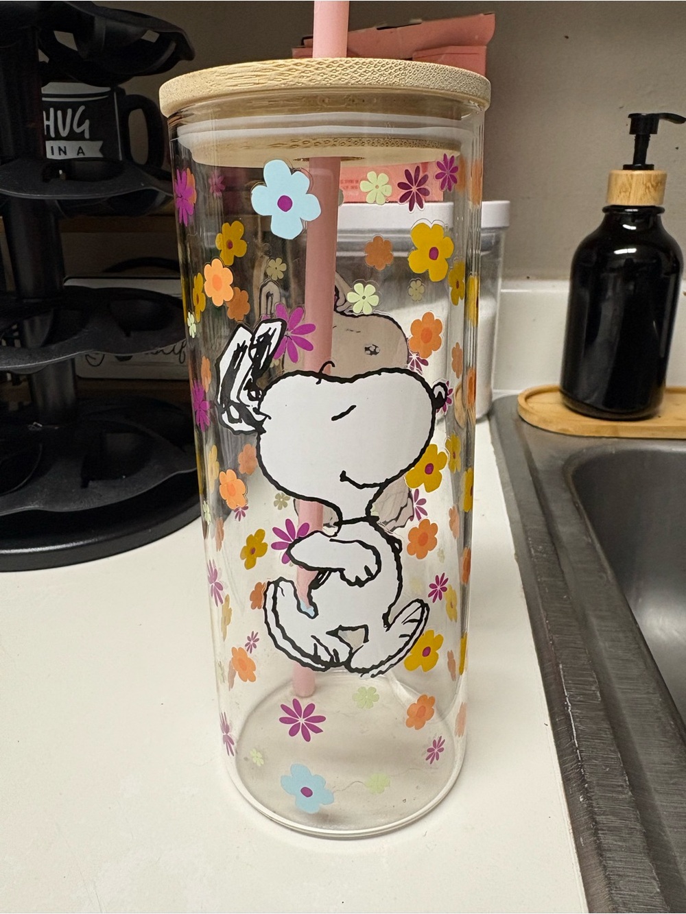 Snoopy Floral Straw Tumbler - Clear with Pink + Yellow Flowers